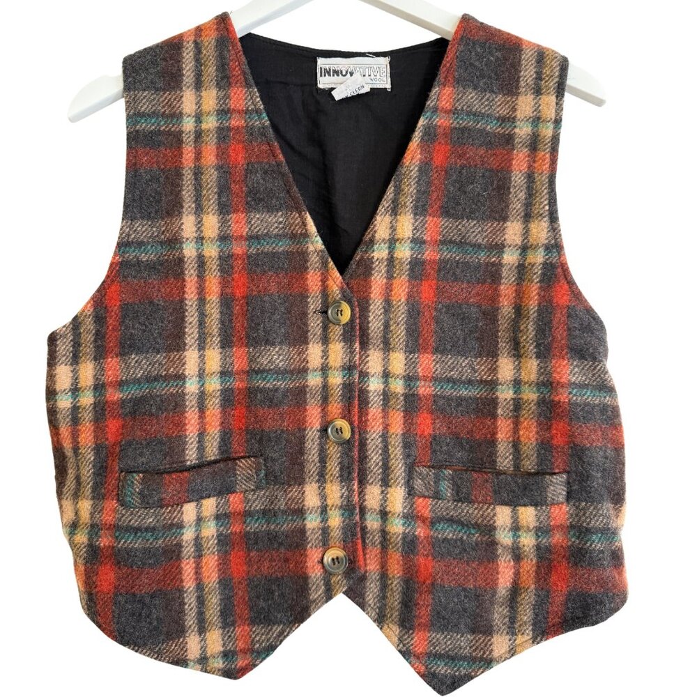 Vintage 90s Innovative Wool Plaid Vest — Made in India — Wool Blend Button-Front